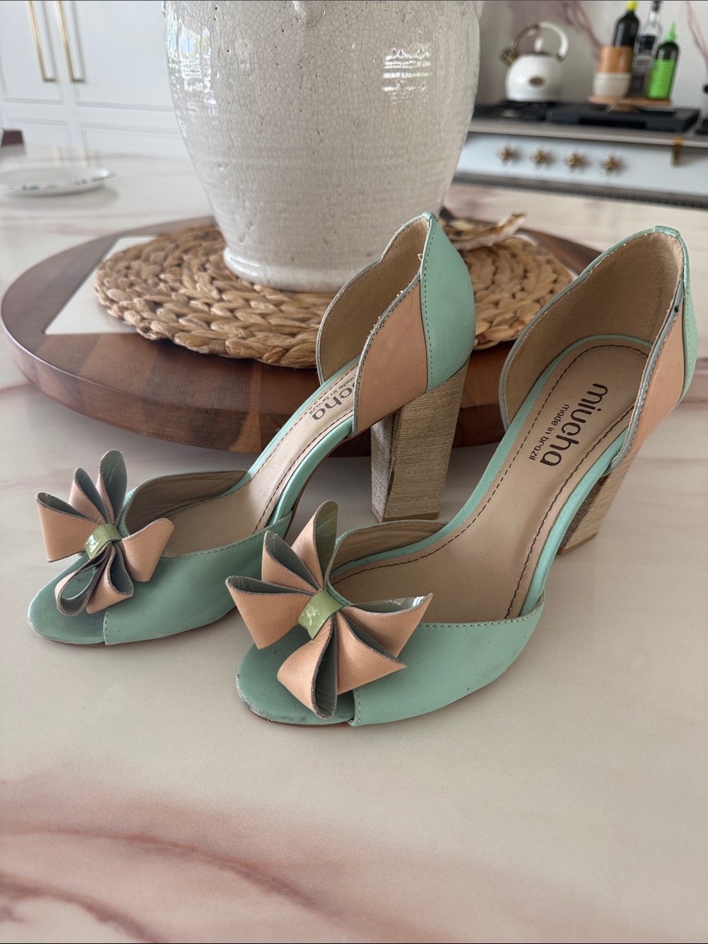 Miucha Mint Green & Peach Peep-Toe Block Heel Pumps